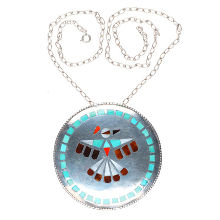 Huge DM Zuni vintage sterling silver thunderbird turquoise inlay pendant