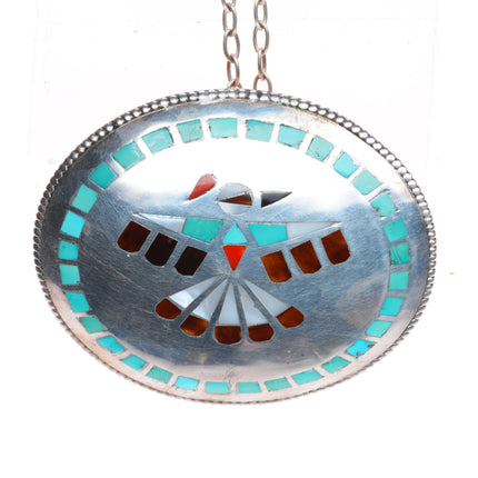 Huge DM Zuni vintage sterling silver thunderbird turquoise inlay pendant