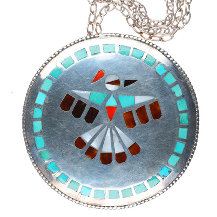 Huge DM Zuni vintage sterling silver thunderbird turquoise inlay pendant