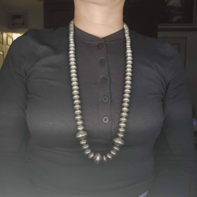 32.5" Vintage Handmade/Hand stamped Navajo pearl beaded sterling silver necklace