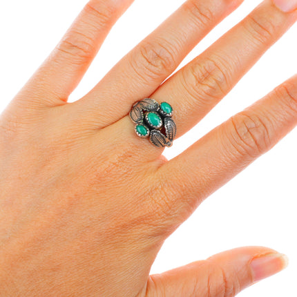 sz6.5 Allen Pooyouma Hopi sterling silver green turquoise stamped feathers ring