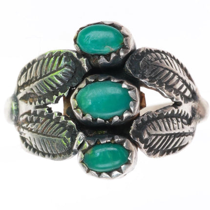 sz6.5 Allen Pooyouma Hopi sterling silver green turquoise stamped feathers ring