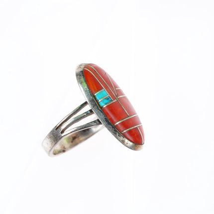 sz8 Gloria Chattin Zuni sterling silver turquoise and coral channel inlay ring