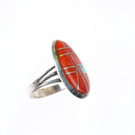 sz8 Gloria Chattin Zuni sterling silver turquoise and coral channel inlay ring