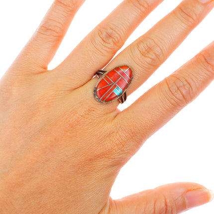 sz8 Gloria Chattin Zuni sterling silver turquoise and coral channel inlay ring