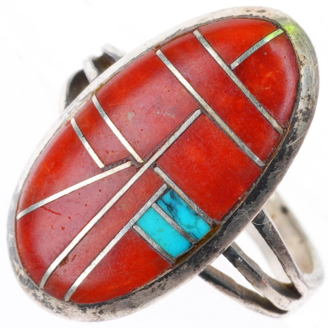 sz8 Gloria Chattin Zuni sterling silver turquoise and coral channel inlay ring