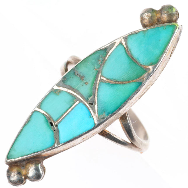 sz7 vintage Zuni sterling silver fishscale inlay turquoise ring