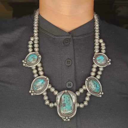 24" vintage Navajo Bisbee Turquoise sterling silver tab necklace