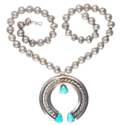 23" Big vintage Navajo sterling silver pearls beaded necklace w/ Turquoise naja