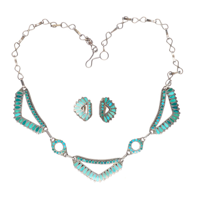 c1940 Frank Dishta Sr Zuni sterling silver turquoise inlay necklace/earrings