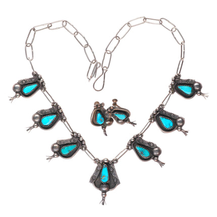 c1950's vintage Navajo sterling silver necklace and earrings set-nice turquoise