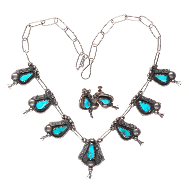c1950's vintage Navajo sterling silver necklace and earrings set-nice turquoise