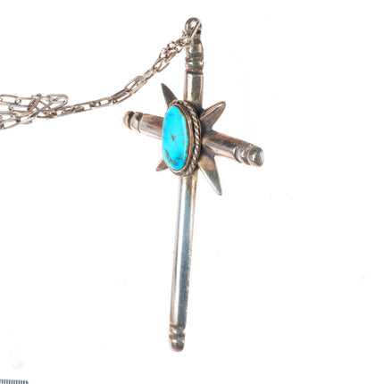 Big vintage Navajo sterling silver cross with turquoise on necklace