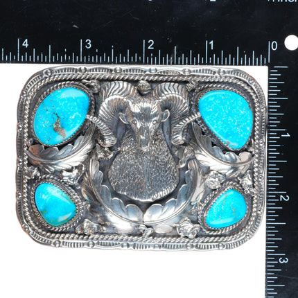2" Big Vintage Navajo sterling silver Bighorn Sheep/Ram Belt buckle w/turquoise