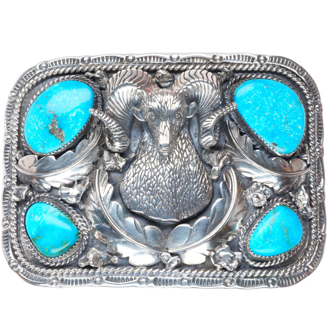 2" Big Vintage Navajo sterling silver Bighorn Sheep/Ram Belt buckle w/turquoise