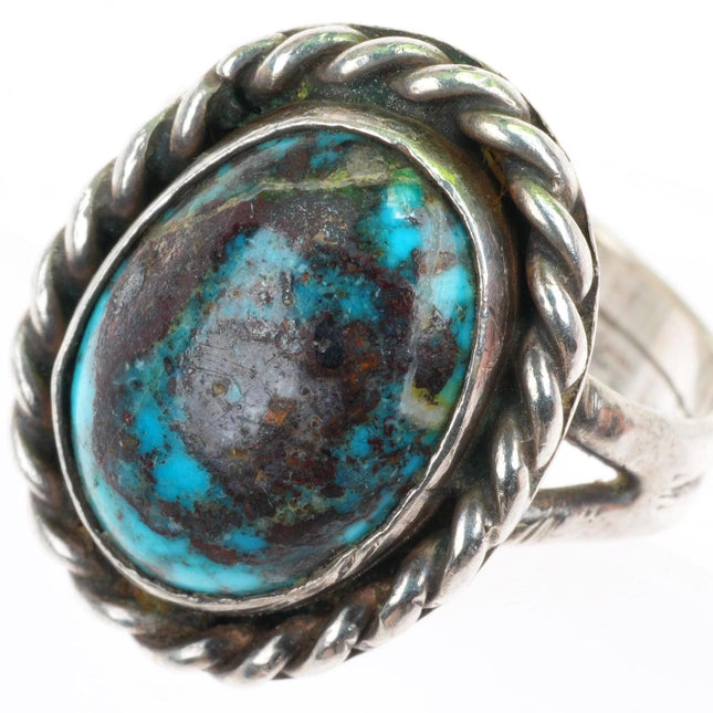 sz7.25 vintage Navajo high grade turquoise sterling silver rope bezel ring