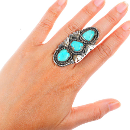 sz8.5 big vintage Navajo stamped shank long sterling silver turquoise ring