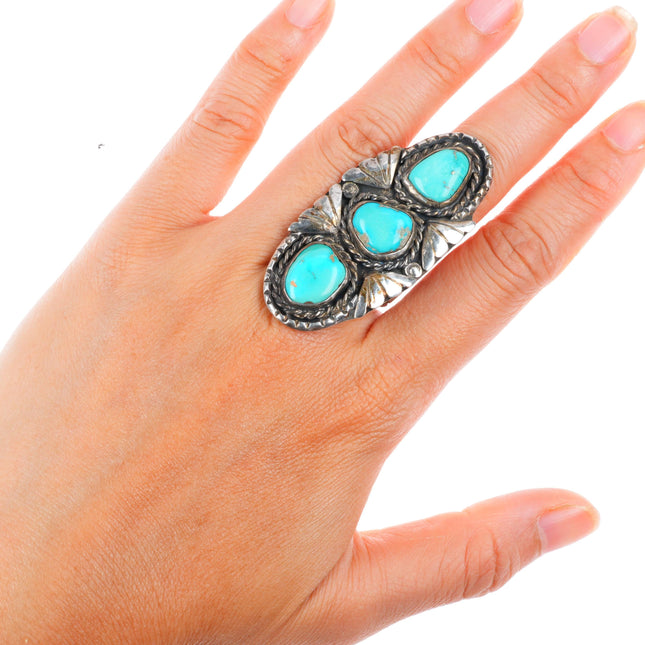 sz8.5 big vintage Navajo stamped shank long sterling silver turquoise ring