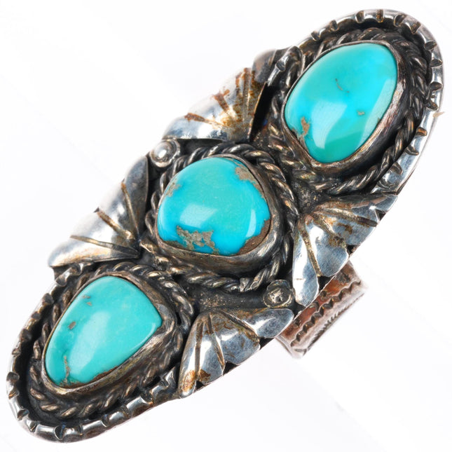 sz8.5 big vintage Navajo stamped shank long sterling silver turquoise ring