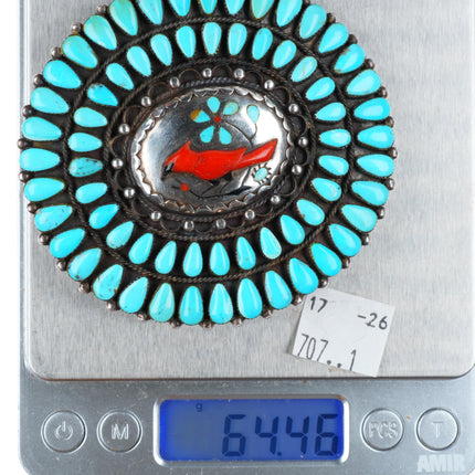 2" Vintage MB Zuni sterling silver redbird turquoise cluster belt buckle