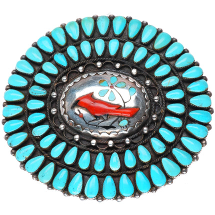 2" Vintage MB Zuni sterling silver redbird turquoise cluster belt buckle