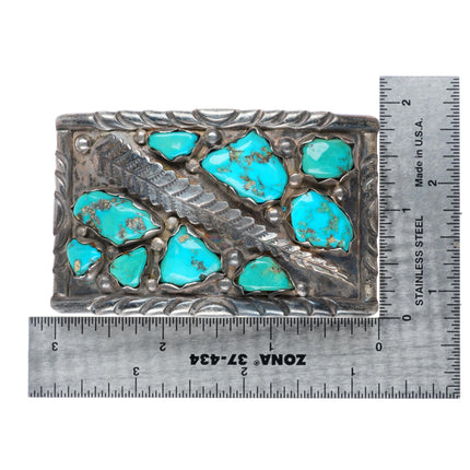 1.5" vintage Wayne Cheama Zuni sterling silver turquoise cluster belt buckle