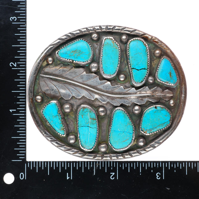 2" Vintage Navajo sterling silver turquoise long feather belt buckle