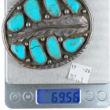 2" Vintage Navajo sterling silver turquoise long feather belt buckle