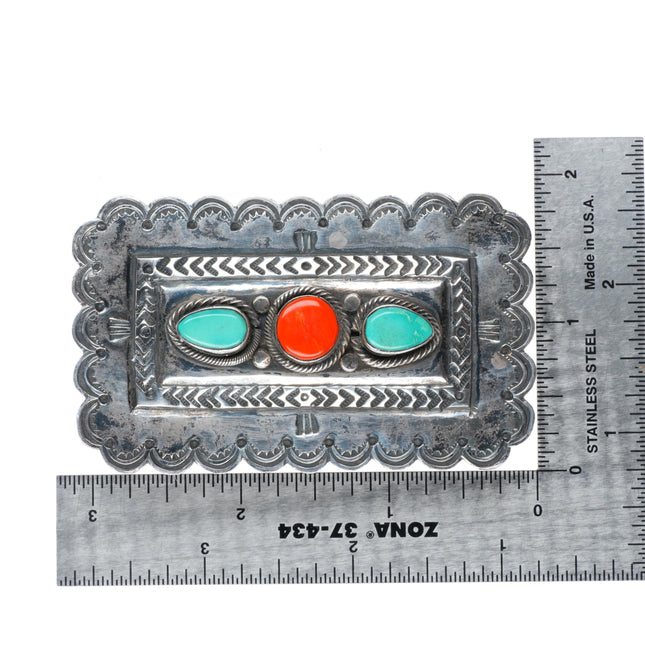 1" Vintage Navajo sterling silver turquoise and coral deep stamped belt buckle