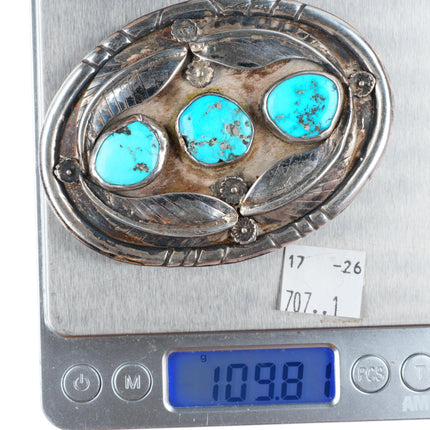 1.5" Heavy vintage Navajo sterling silver turquoise 4 feather belt buckle
