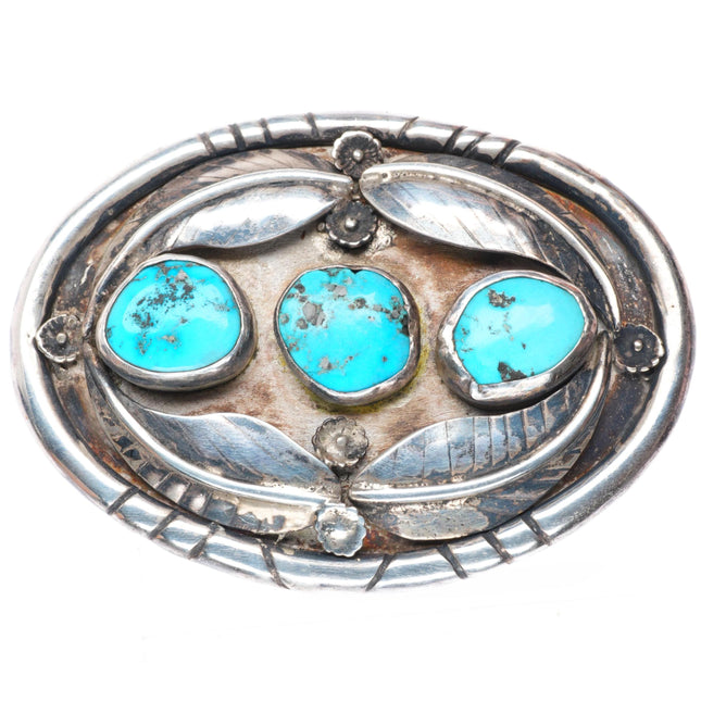1.5" Heavy vintage Navajo sterling silver turquoise 4 feather belt buckle