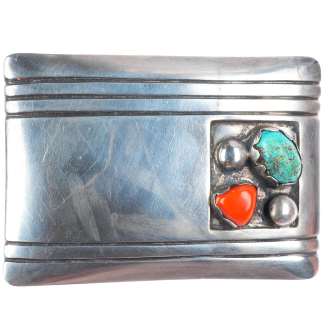 1.5" vintage Navajo sterling silver modernist belt buckle with turquoise-coral