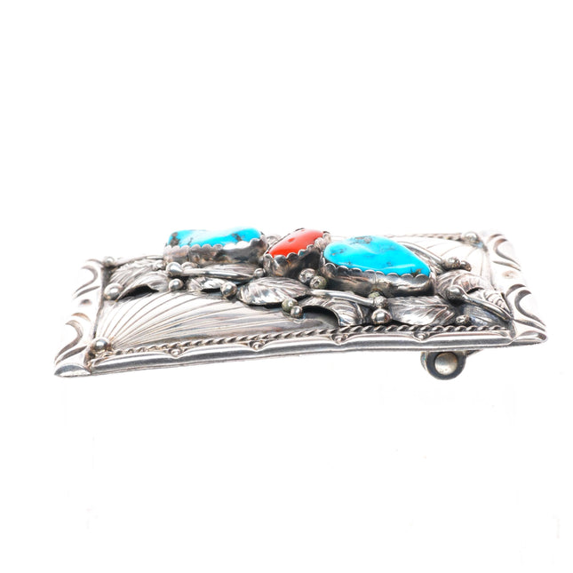 1.5" vintage JB Navajo sterling silver turquoise and coral belt buckle
