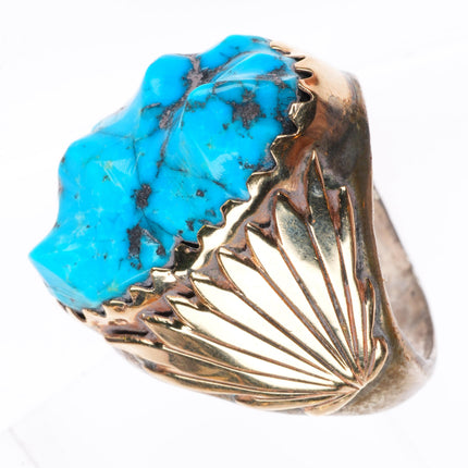 sz9.5 big vintage Zuni 14k gold accent sterling silver high grade turquoise ring