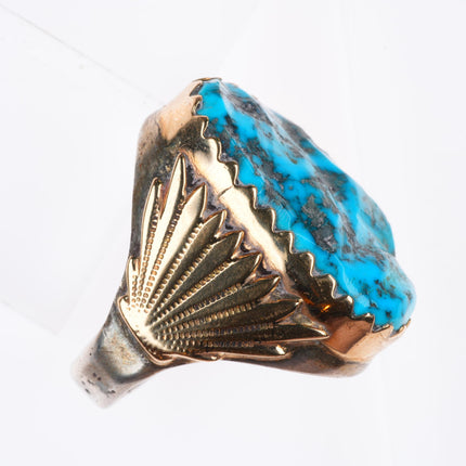 sz12.5 Huge vintage Zuni 14k gold - sterling silver high grade turquoise ring