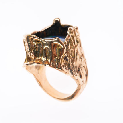 sz7 Large vintage 14k yellow gold brutalist southwestern opal ring
