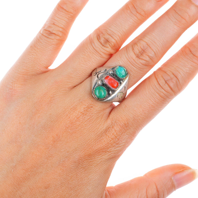 sz9.5 vintage Navajo sterling silver turquoise and coral 3 stone ring