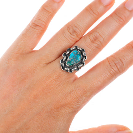 sz7 vintage Navajo sterling silver Morenci turquoise ring chain bezel