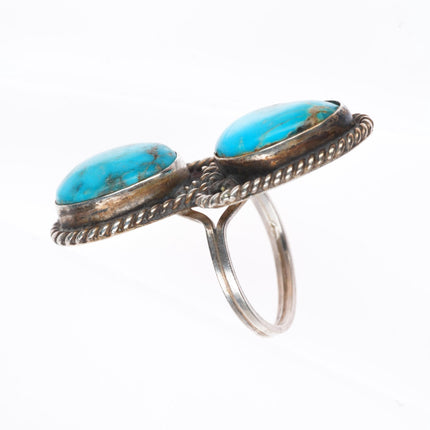 sz7 big vintage Navajo sterling silver two stone ring with nice turquoise