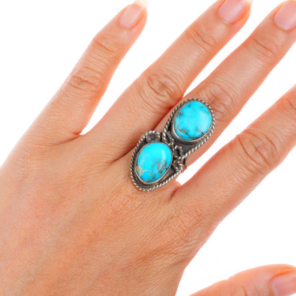 sz7 big vintage Navajo sterling silver two stone ring with nice turquoise