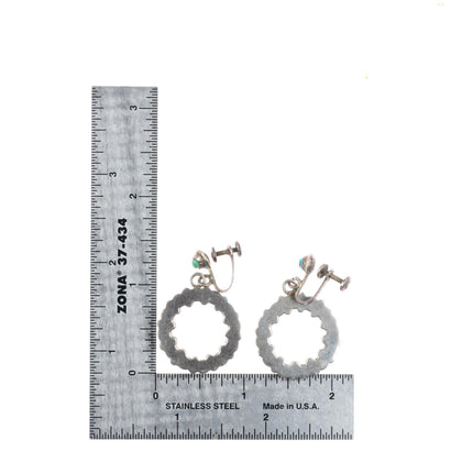 vintage c1940-50's Zuni sterling silver snake eye turquoise dangle hoop earrings