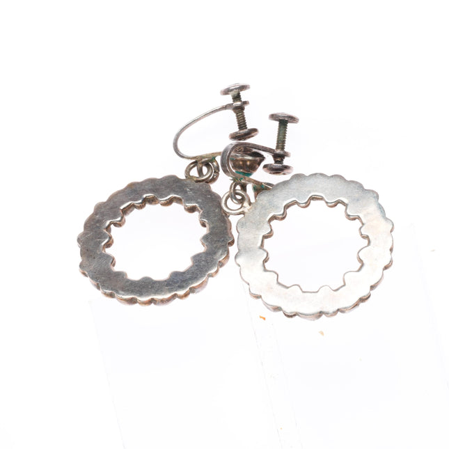 vintage c1940-50's Zuni sterling silver snake eye turquoise dangle hoop earrings