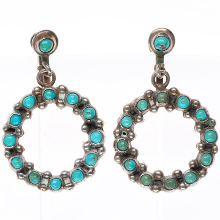 vintage c1940-50's Zuni sterling silver snake eye turquoise dangle hoop earrings