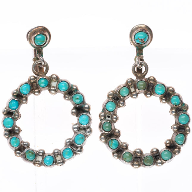 vintage c1940-50's Zuni sterling silver snake eye turquoise dangle hoop earrings