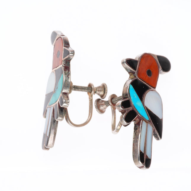 c1950 vintage Zuni sterling silver Red Headed Woodpecker inlaid earrings