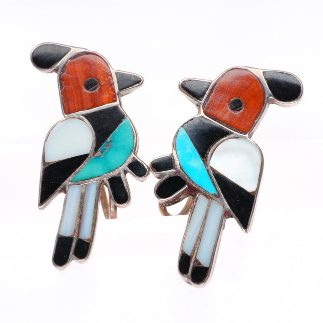 c1950 vintage Zuni sterling silver Red Headed Woodpecker inlaid earrings
