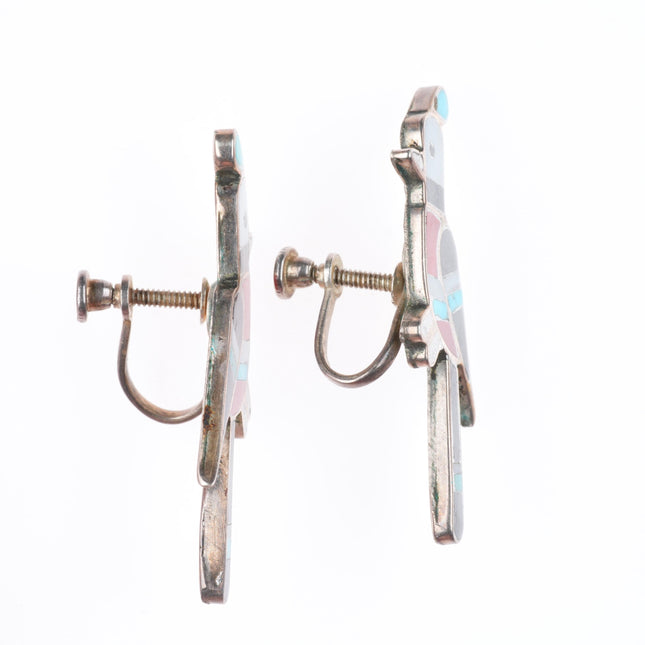 c1950 vintage Zuni sterling silver birds screw back inlaid earrings