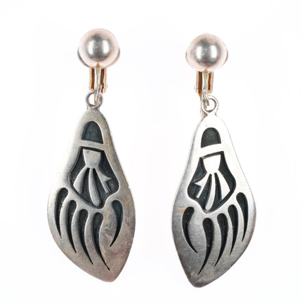 Harvey Quanimptewa Jr. Hopi overlay long dangle bear paw clip earrings