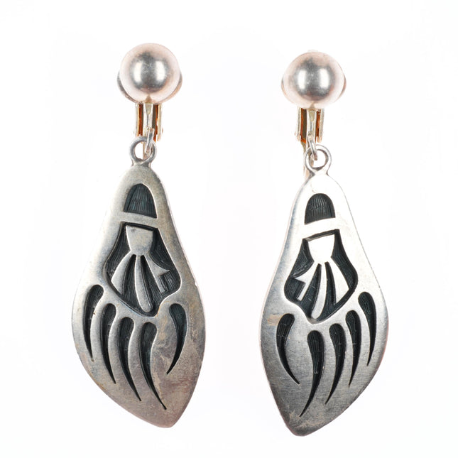 Harvey Quanimptewa Jr. Hopi overlay long dangle bear paw clip earrings