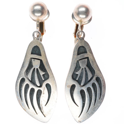Harvey Quanimptewa Jr. Hopi overlay long dangle bear paw clip earrings